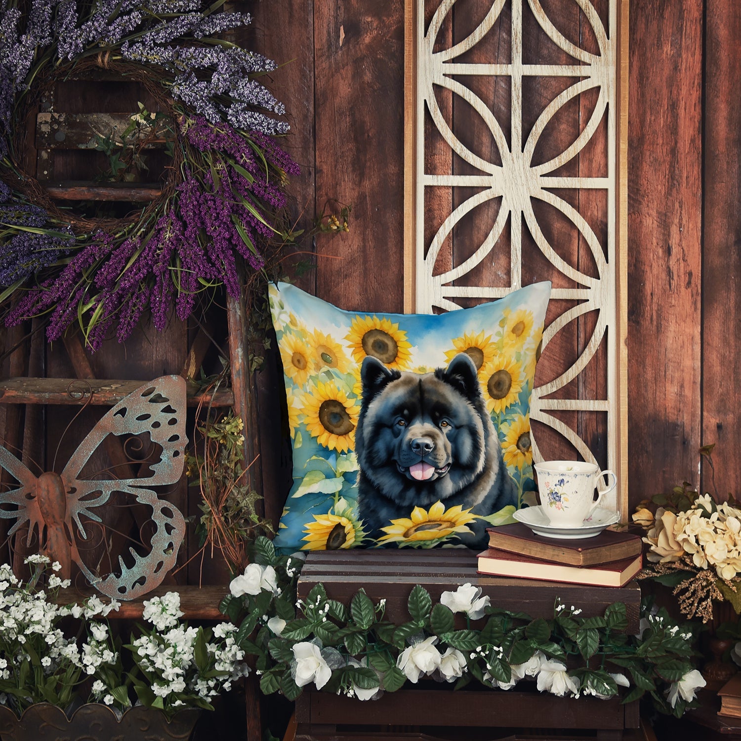 Chow Chow in Sunflowers Decorative Throw Pillow 18x18 Indoor Outdoor Accent Cushion, Fabric Cover with Insert for Sofa, Bed, Porch & Living Room