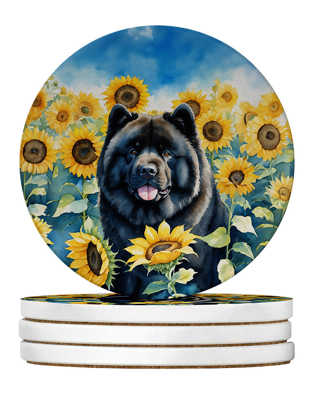 Chow Chow in Sunflowers Large Sandstone Coasters Pack of 4 Absorbent Round Coasters Decor Gifts for Men or Women, 4 in, Multicolor