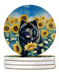 Chow Chow in Sunflowers Large Sandstone Coasters Pack of 4 Absorbent Round Coasters Decor Gifts for Men or Women, 4 in, Multicolor