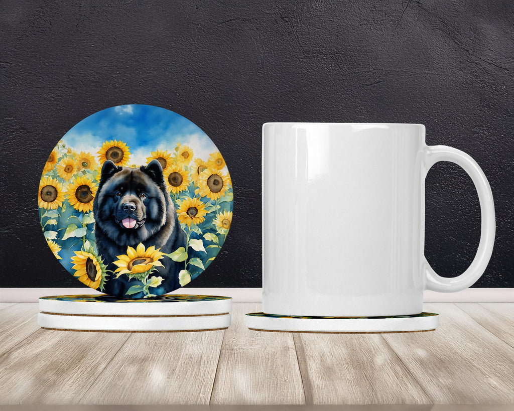 Chow Chow in Sunflowers Large Sandstone Coasters Pack of 4 Absorbent Round Coasters Decor Gifts for Men or Women, 4 in, Multicolor