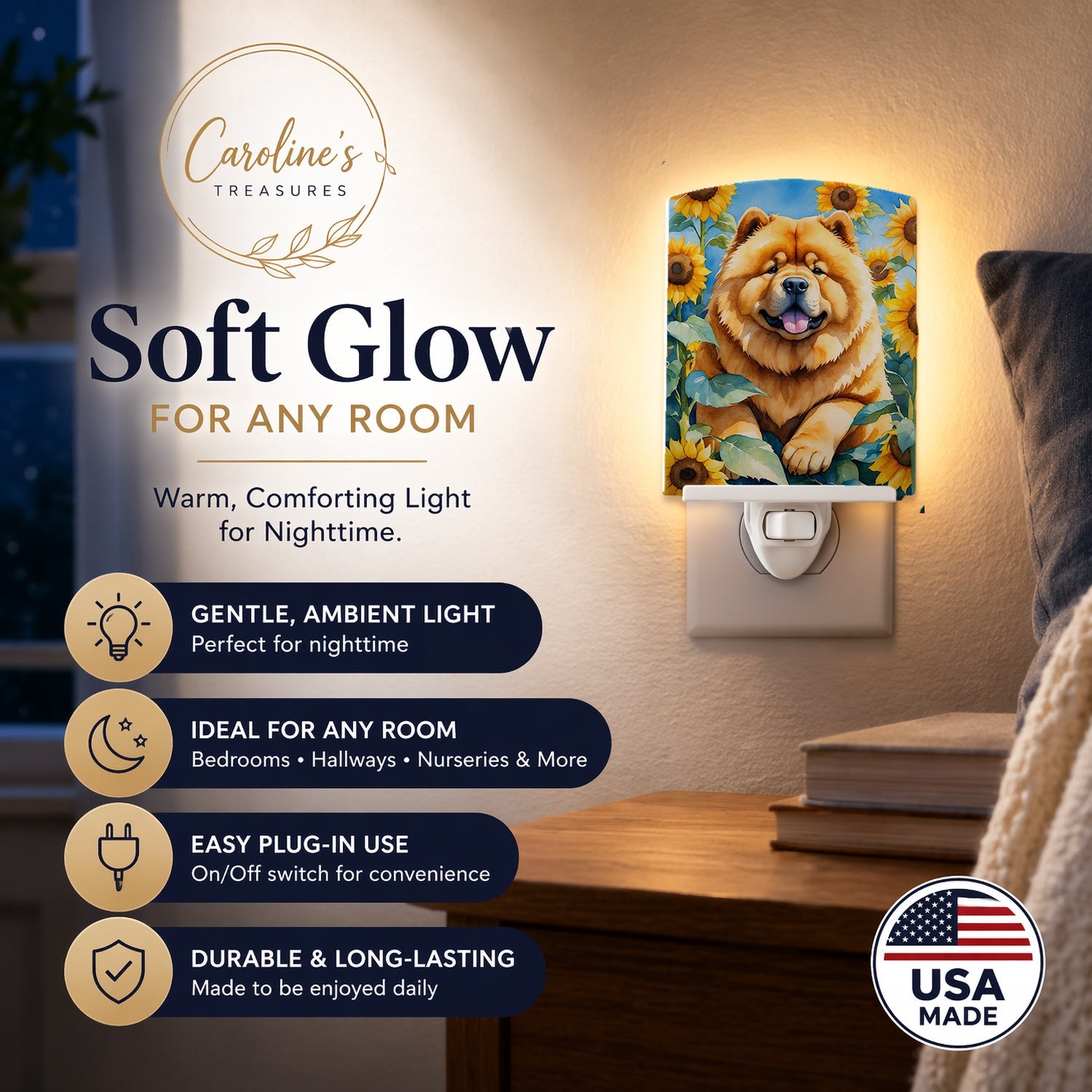 Chow Chow in Sunflowers Ceramic Night Light Compact, UL-Certified, Ideal for Bedroom, Bathroom, Nursery, Hallway, Kitchen, 6x4x3, Multicolor