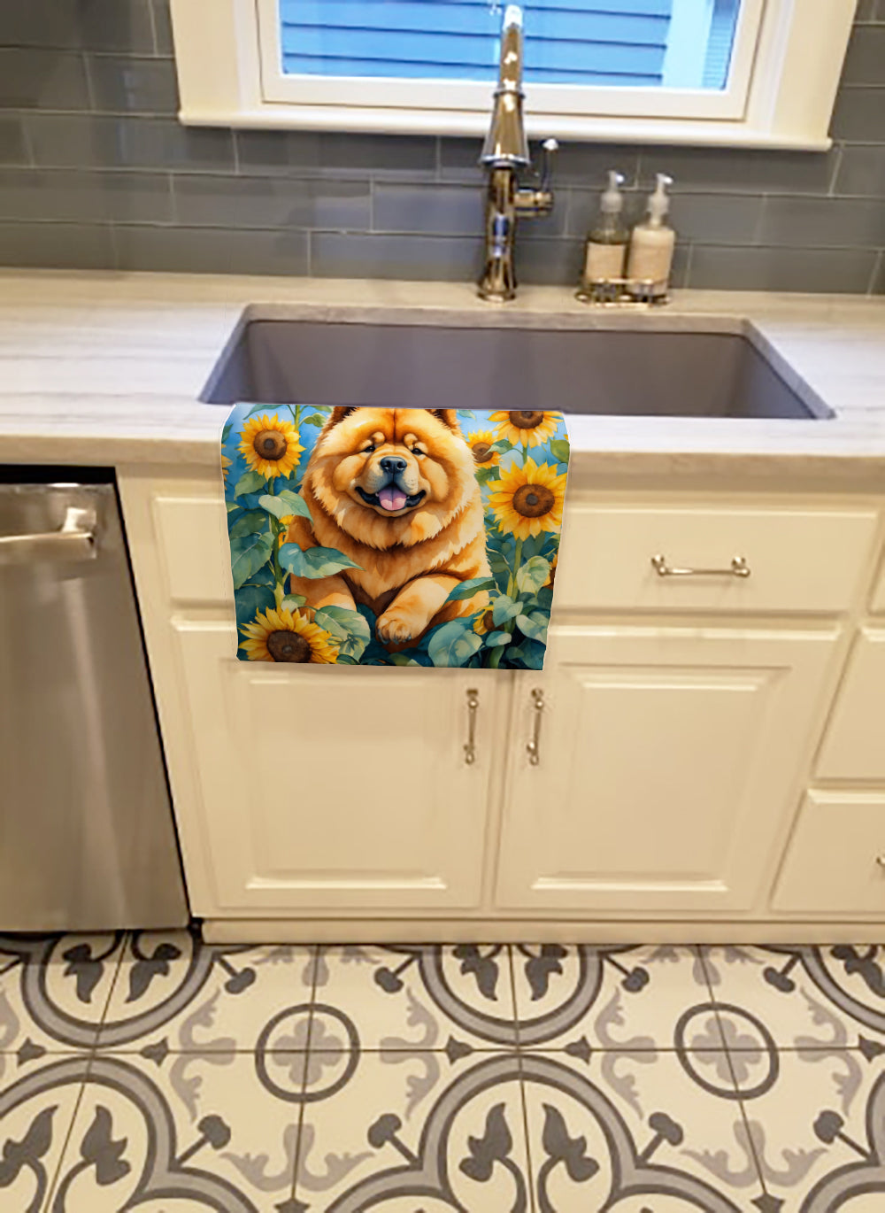 Chow Chow in Sunflowers Kitchen Towel Velour Plush Front and Cotton Loop Back Machine Washable