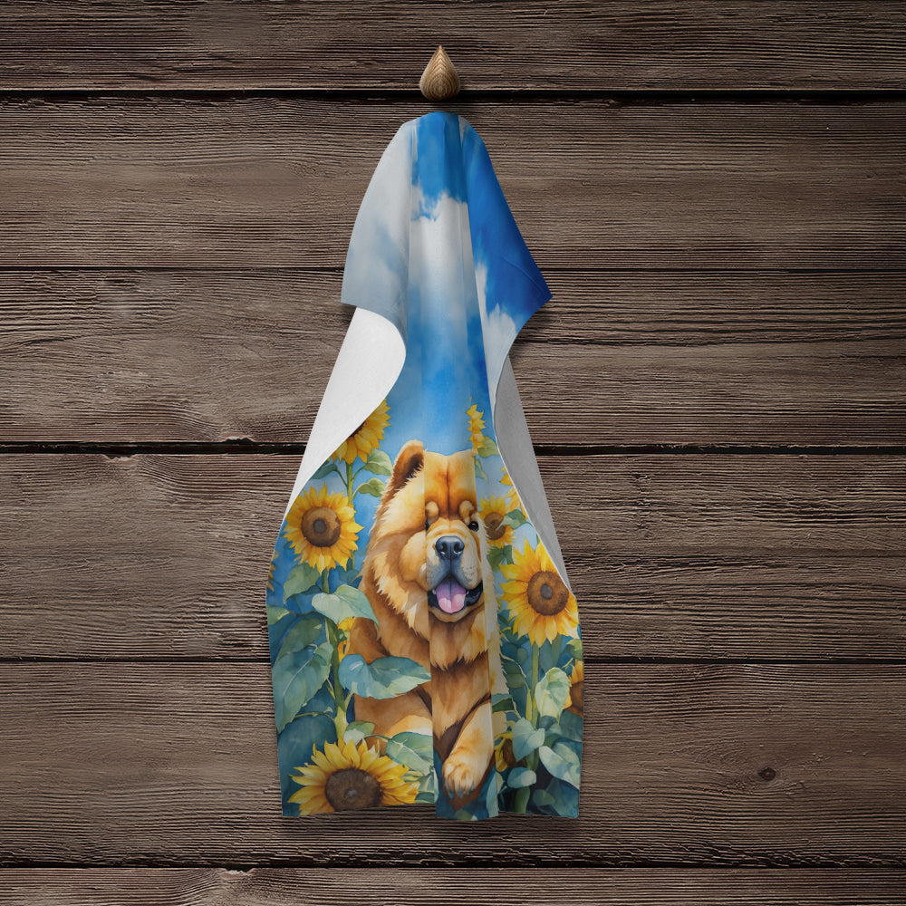 Chow Chow in Sunflowers Kitchen Towel Velour Plush Front and Cotton Loop Back Machine Washable
