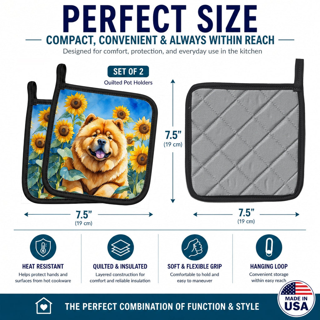 Chow Chow in Sunflowers Pot Holder Set of 2 Heat Resistant Quilted Hot Pads 7.5 x 7.5 Inch, Insulated Kitchen Trivets for Cooking & Baking