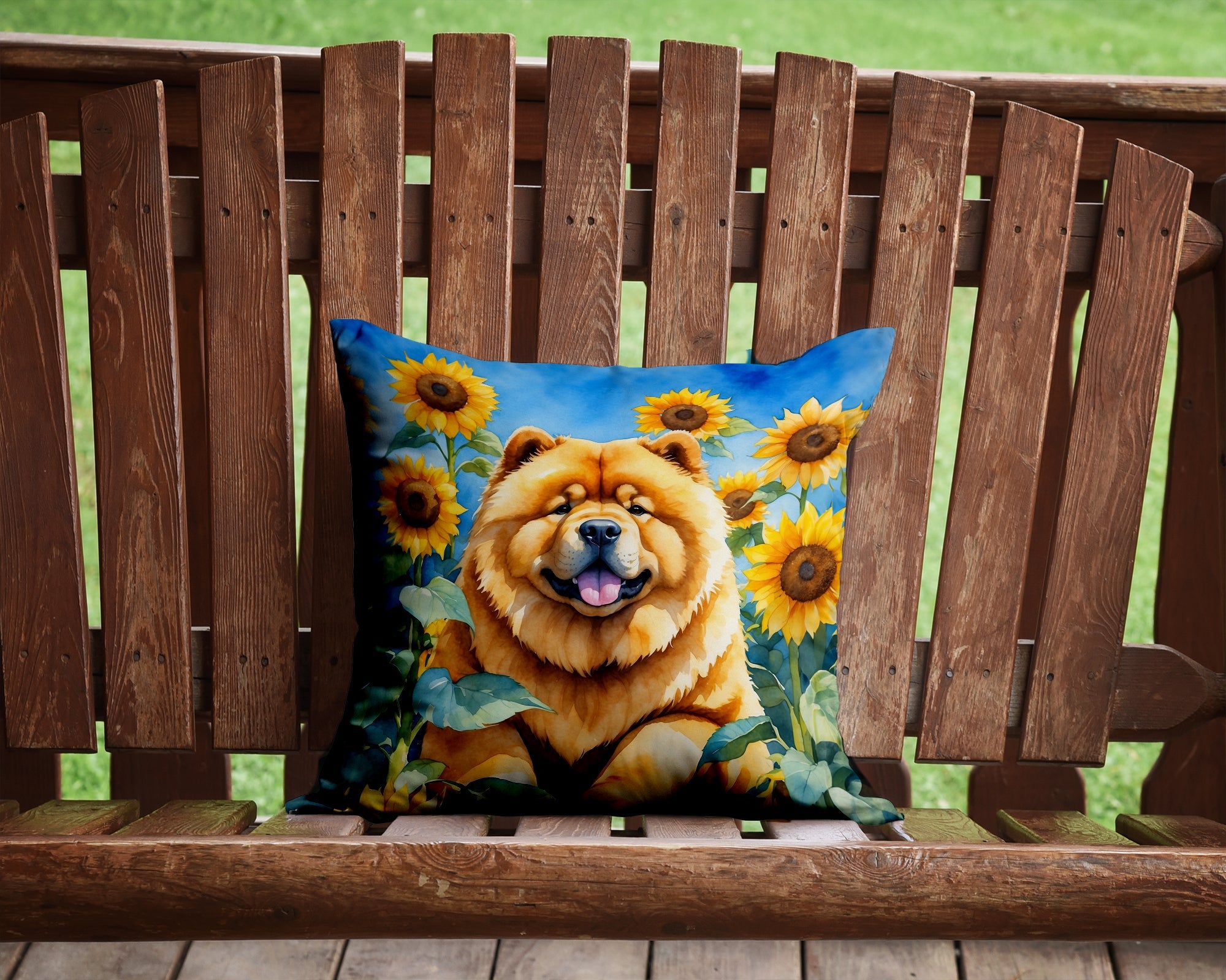 Chow Chow in Sunflowers Decorative Throw Pillow 14x14 Indoor Outdoor Accent Cushion, Fabric Cover with Insert for Sofa, Bed, Porch & Living Room