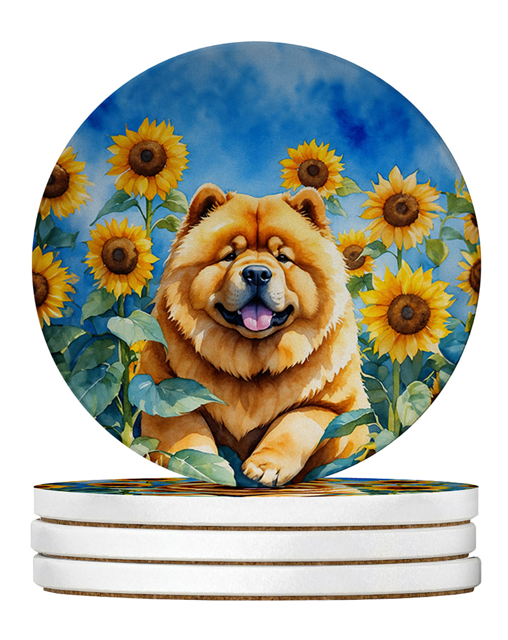 Chow Chow in Sunflowers Large Sandstone Coasters Pack of 4 Absorbent Round Coasters Decor Gifts for Men or Women, 4 in, Multicolor
