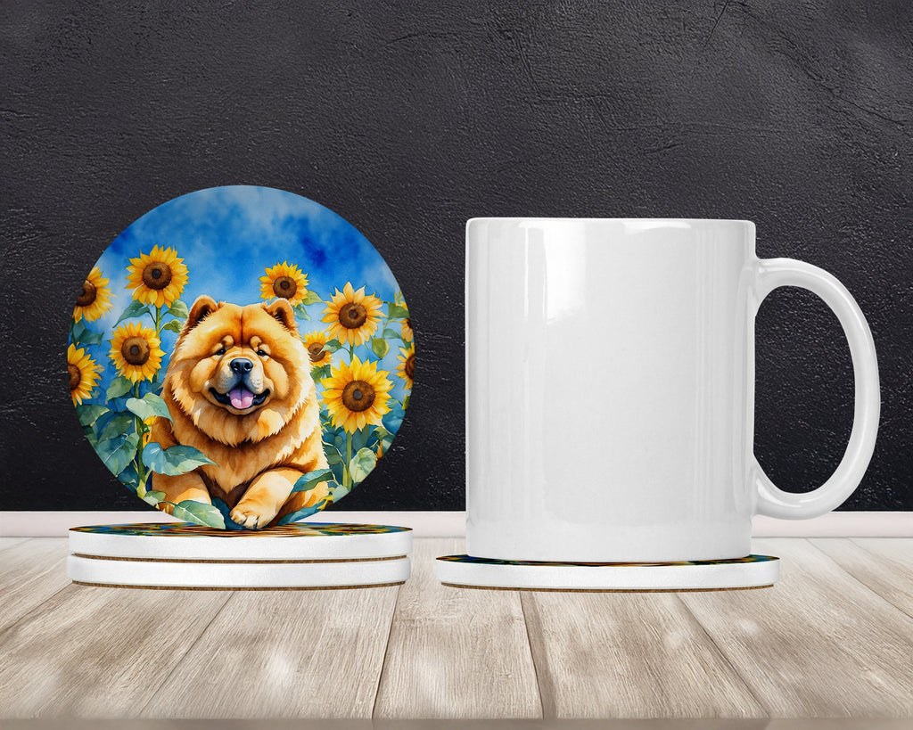 Chow Chow in Sunflowers Large Sandstone Coasters Pack of 4 Absorbent Round Coasters Decor Gifts for Men or Women, 4 in, Multicolor