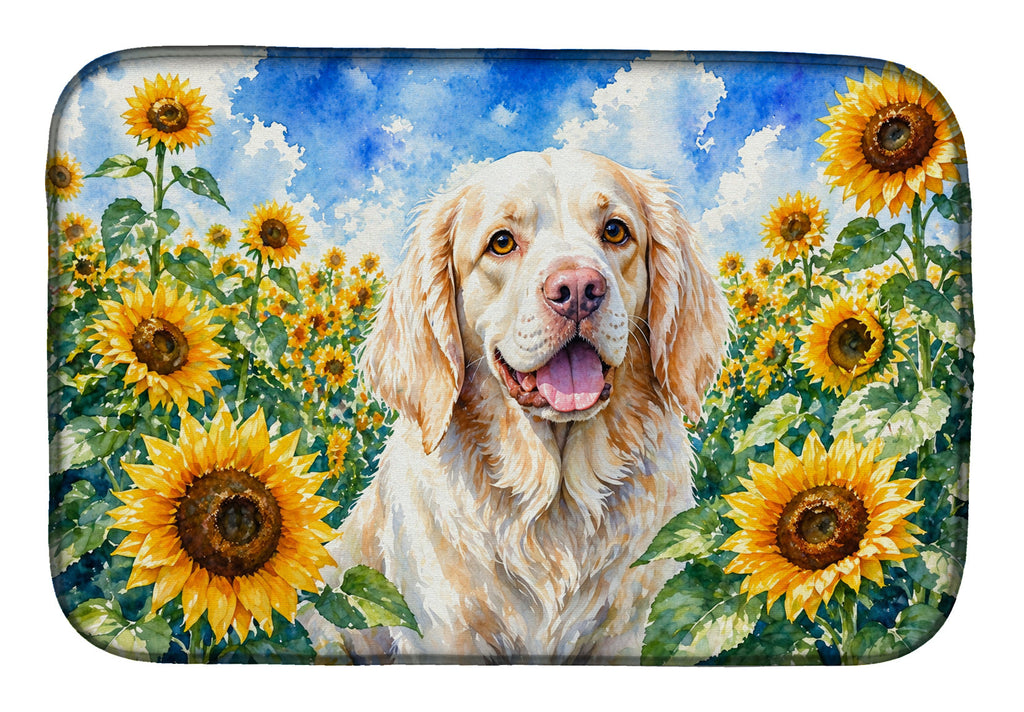 Clumber Spaniel in Sunflowers Dish Drying Mat Absorbent Dish Drying Mat Pad for Kitchen Counter Dish Drainer Mat for Countertop, 14 x 21", Multicolor