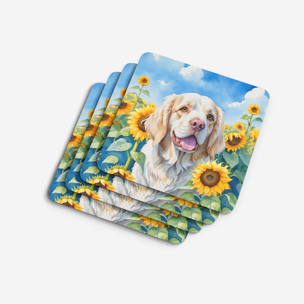 Clumber Spaniel in Sunflowers Foam Coasters Set of 4 Cup Coasters for Indoor Outdoor, Tabletop Protection, Anti Slip, Mouse pad Material