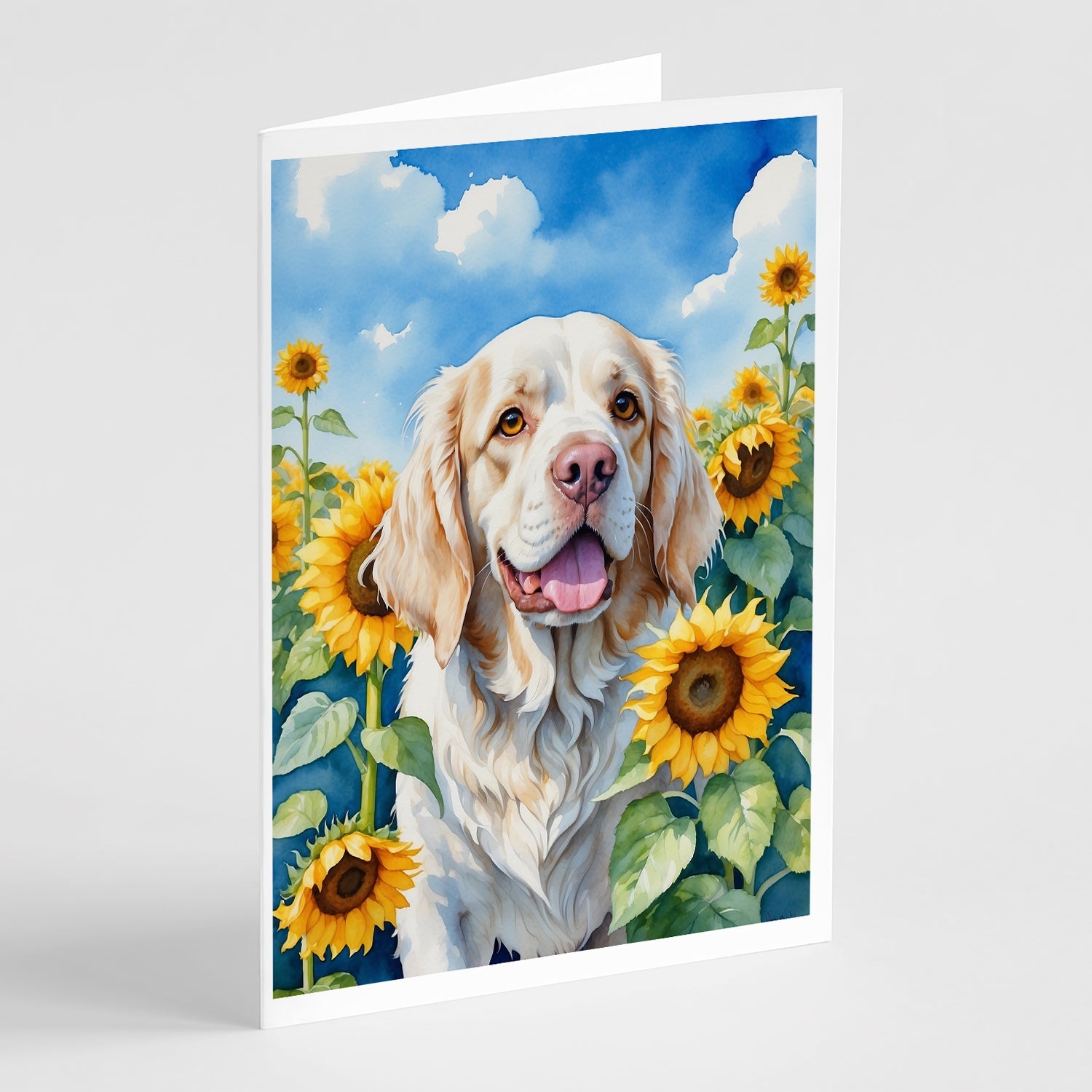 Clumber Spaniel in Sunflowers Greeting Cards Pack of 8 Blank Cards with Envelopes Whimsical A7 Size 5x7