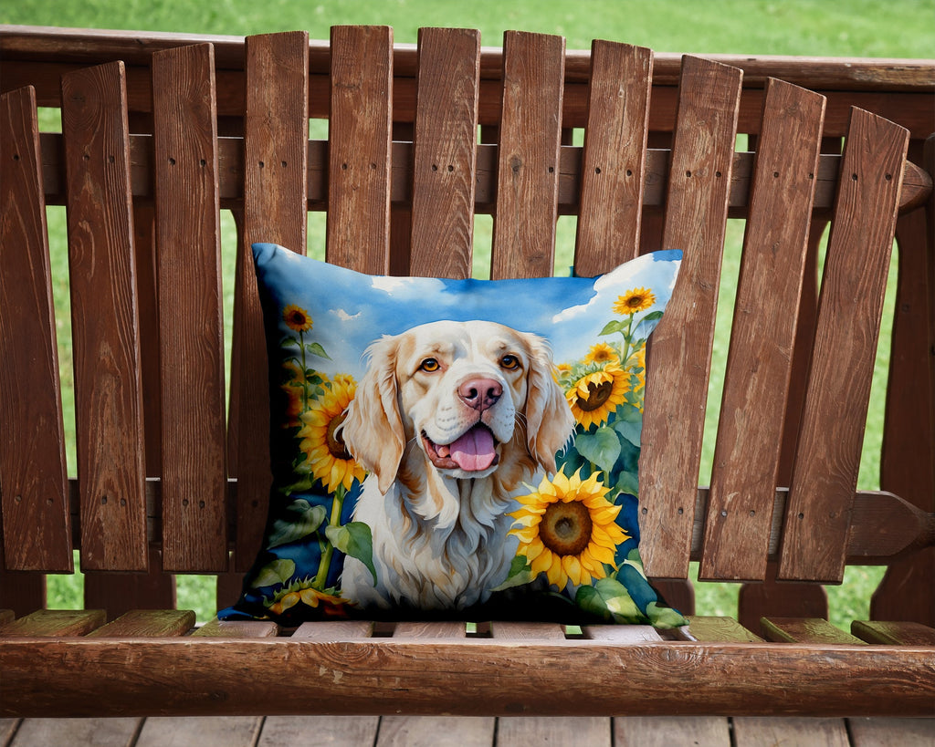 Clumber Spaniel in Sunflowers Decorative Throw Pillow 14x14 Indoor Outdoor Accent Cushion, Fabric Cover with Insert for Sofa, Bed, Porch & Living Room