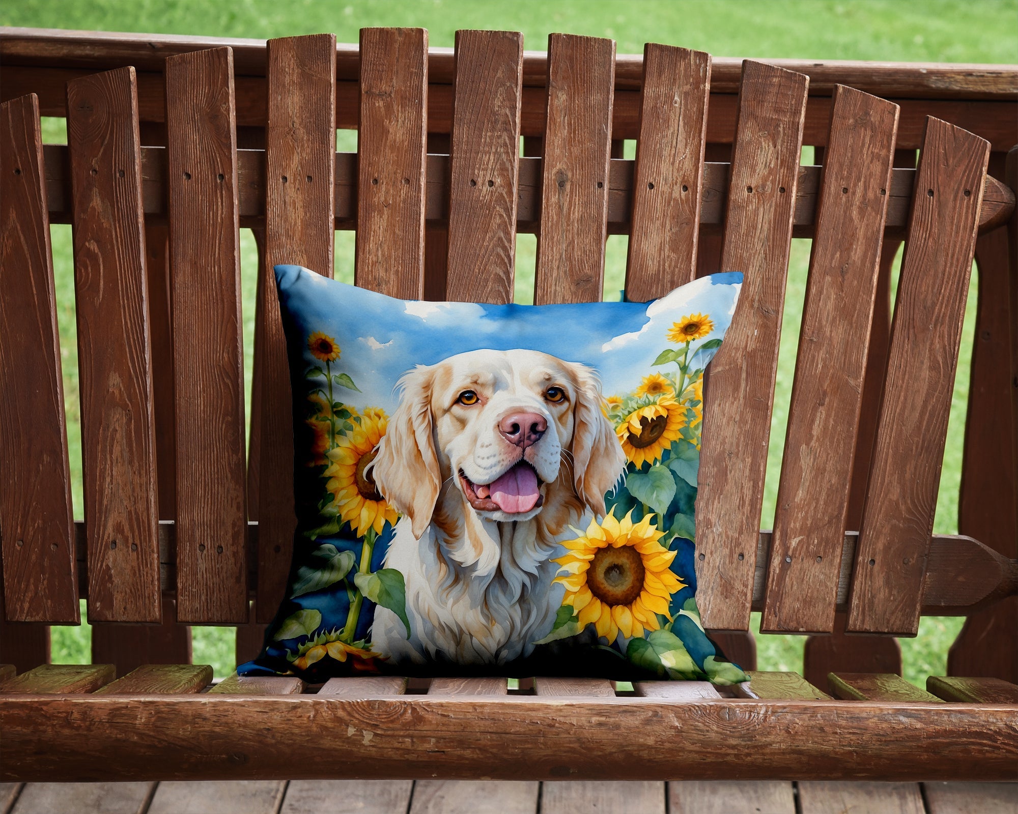 Clumber Spaniel in Sunflowers Decorative Throw Pillow 14x14 Indoor Outdoor Accent Cushion, Fabric Cover with Insert for Sofa, Bed, Porch & Living Room