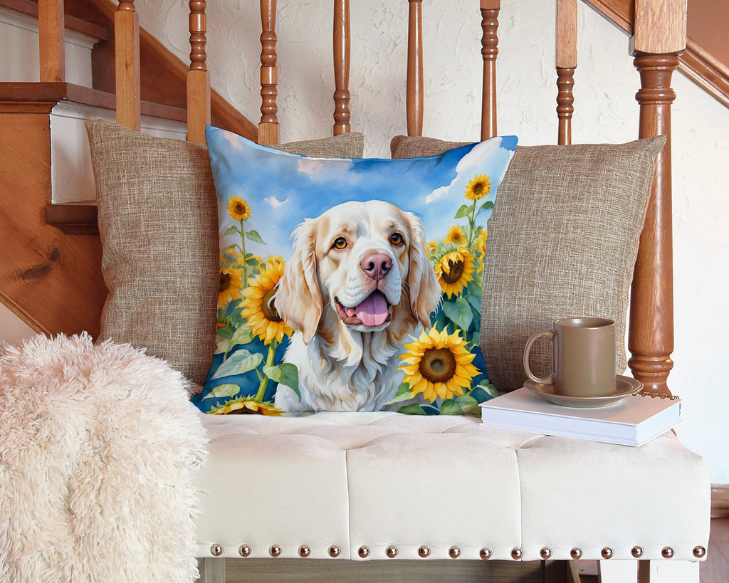 Clumber Spaniel in Sunflowers Decorative Throw Pillow 14x14 Indoor Outdoor Accent Cushion, Fabric Cover with Insert for Sofa, Bed, Porch & Living Room