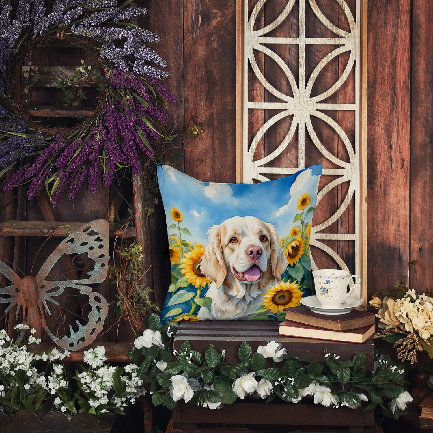 Clumber Spaniel in Sunflowers Decorative Throw Pillow 14x14 Indoor Outdoor Accent Cushion, Fabric Cover with Insert for Sofa, Bed, Porch & Living Room