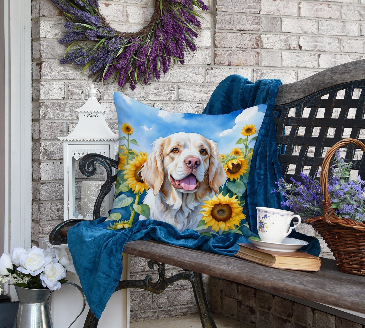 Clumber Spaniel in Sunflowers Decorative Throw Pillow 18x18 Indoor Outdoor Accent Cushion, Fabric Cover with Insert for Sofa, Bed, Porch & Living Room