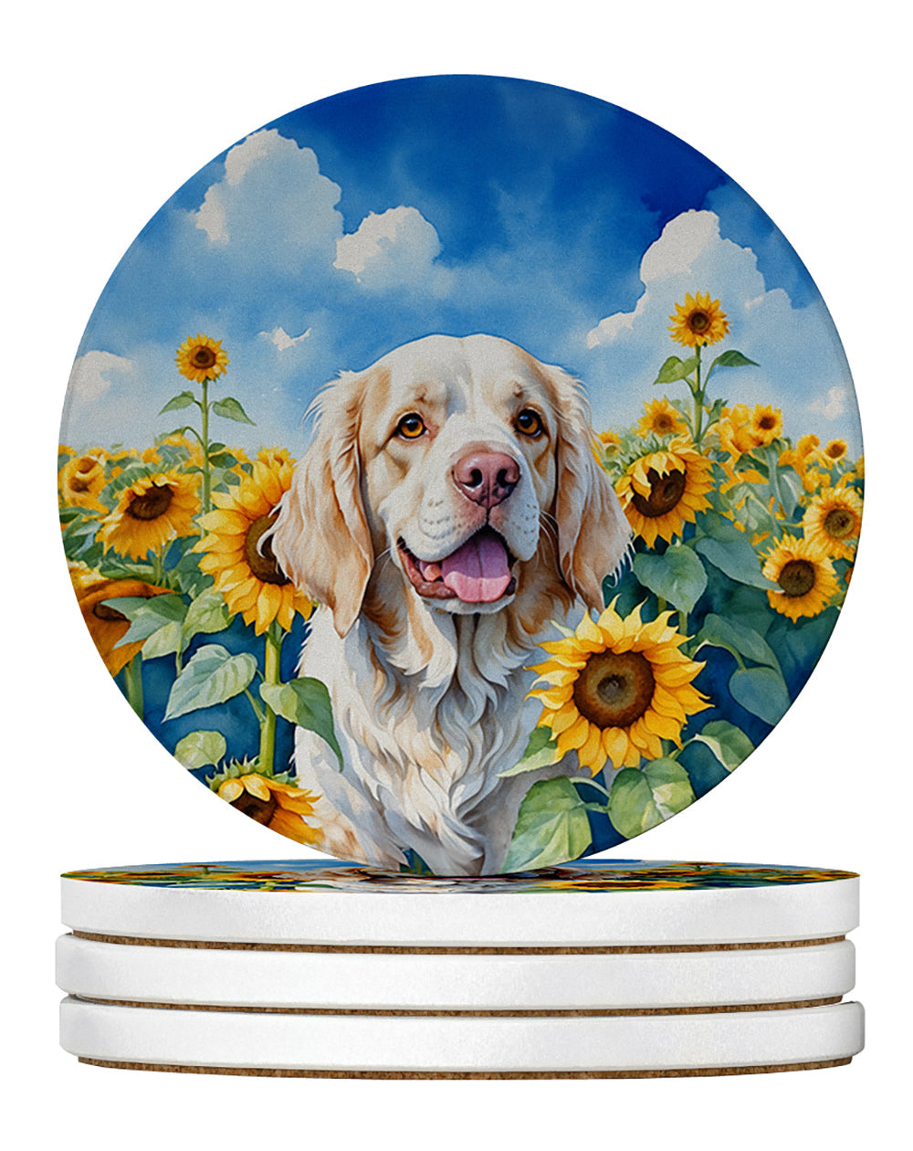 Clumber Spaniel in Sunflowers Large Sandstone Coasters Pack of 4 Absorbent Round Coasters Decor Gifts for Men or Women, 4 in, Multicolor