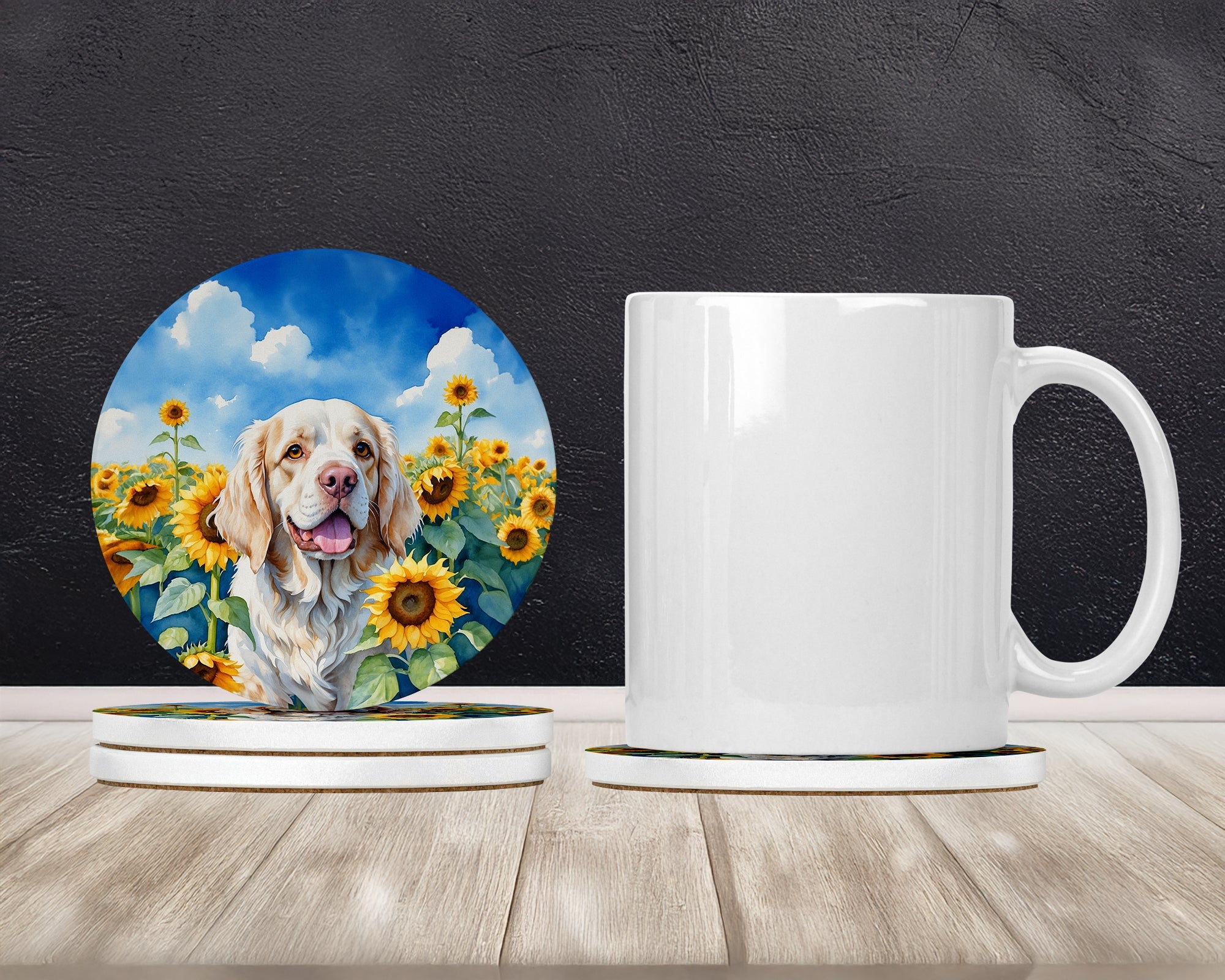 Clumber Spaniel in Sunflowers Large Sandstone Coasters Pack of 4 Absorbent Round Coasters Decor Gifts for Men or Women, 4 in, Multicolor