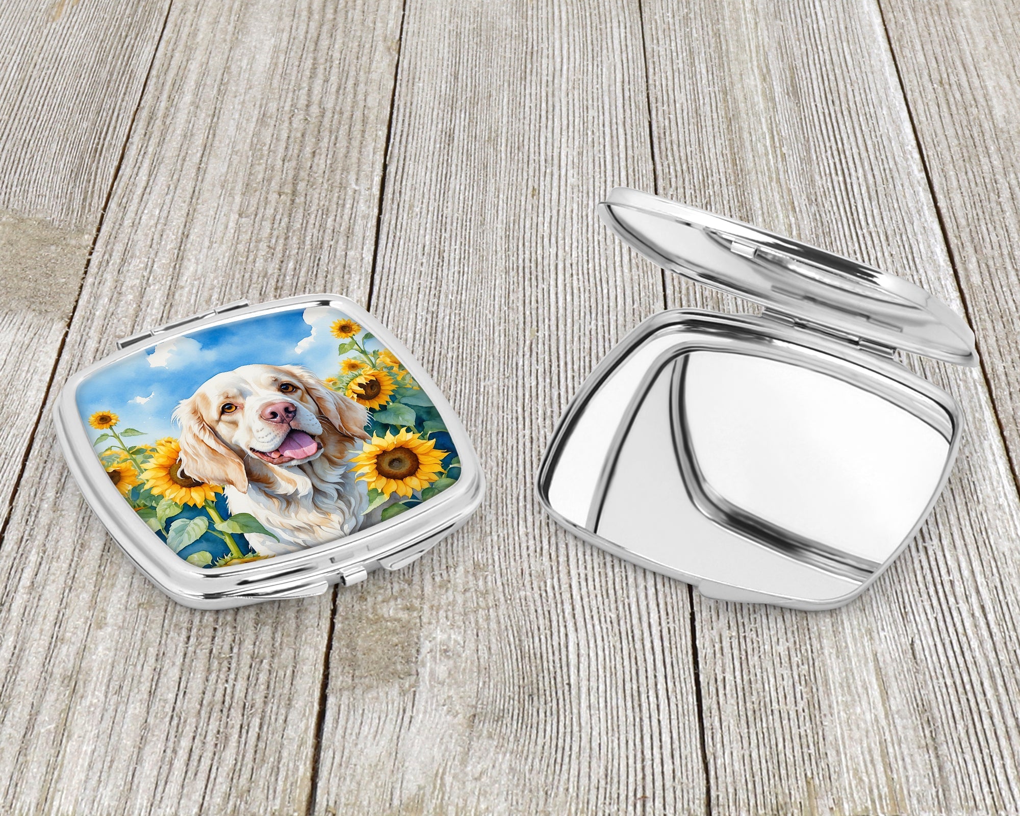 Clumber Spaniel in Sunflowers Compact Mirror Decorative Travel Makeup Mirror for Women Girls Gifts Pocket Makeup Mirror Folding Handheld