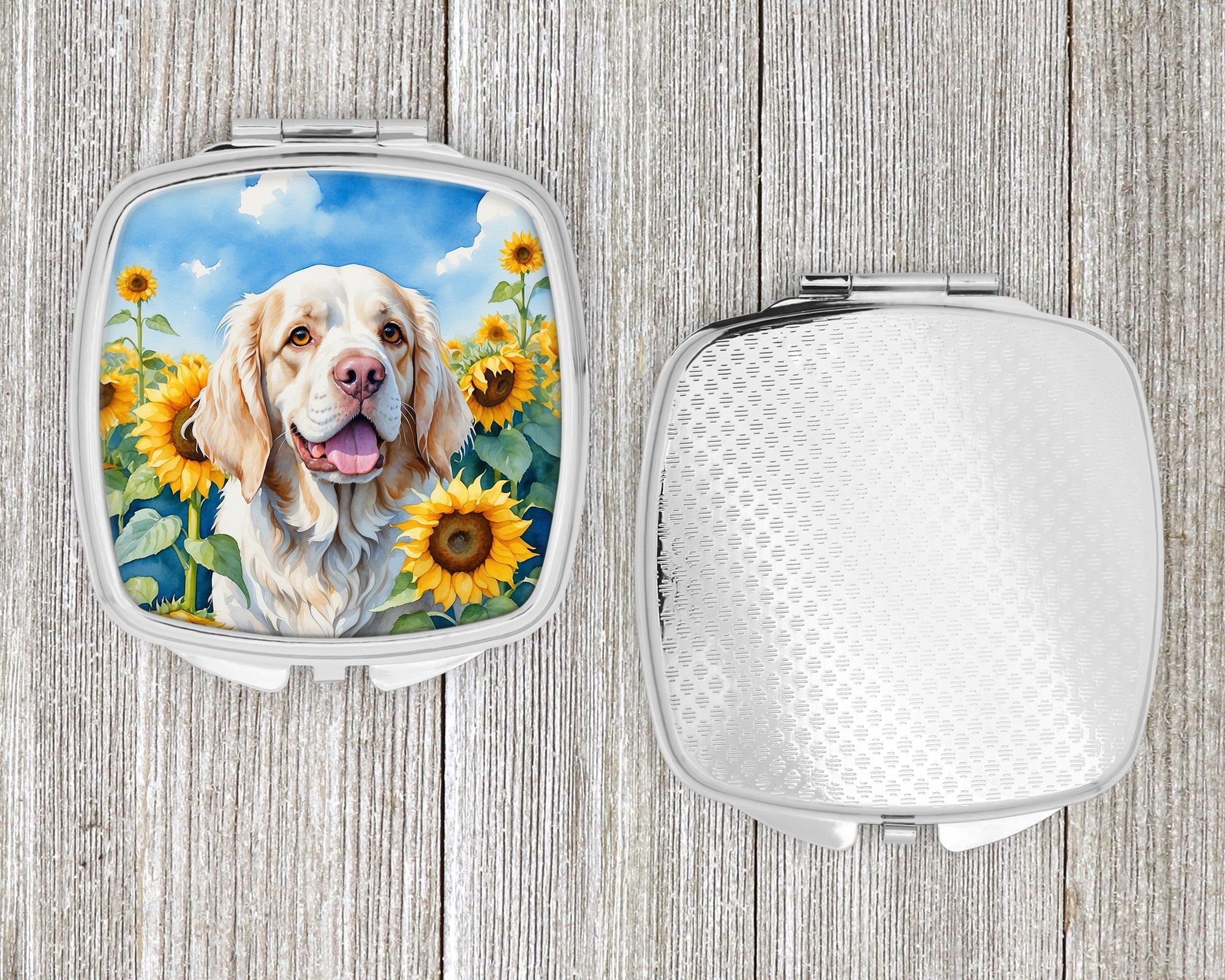 Clumber Spaniel in Sunflowers Compact Mirror Decorative Travel Makeup Mirror for Women Girls Gifts Pocket Makeup Mirror Folding Handheld