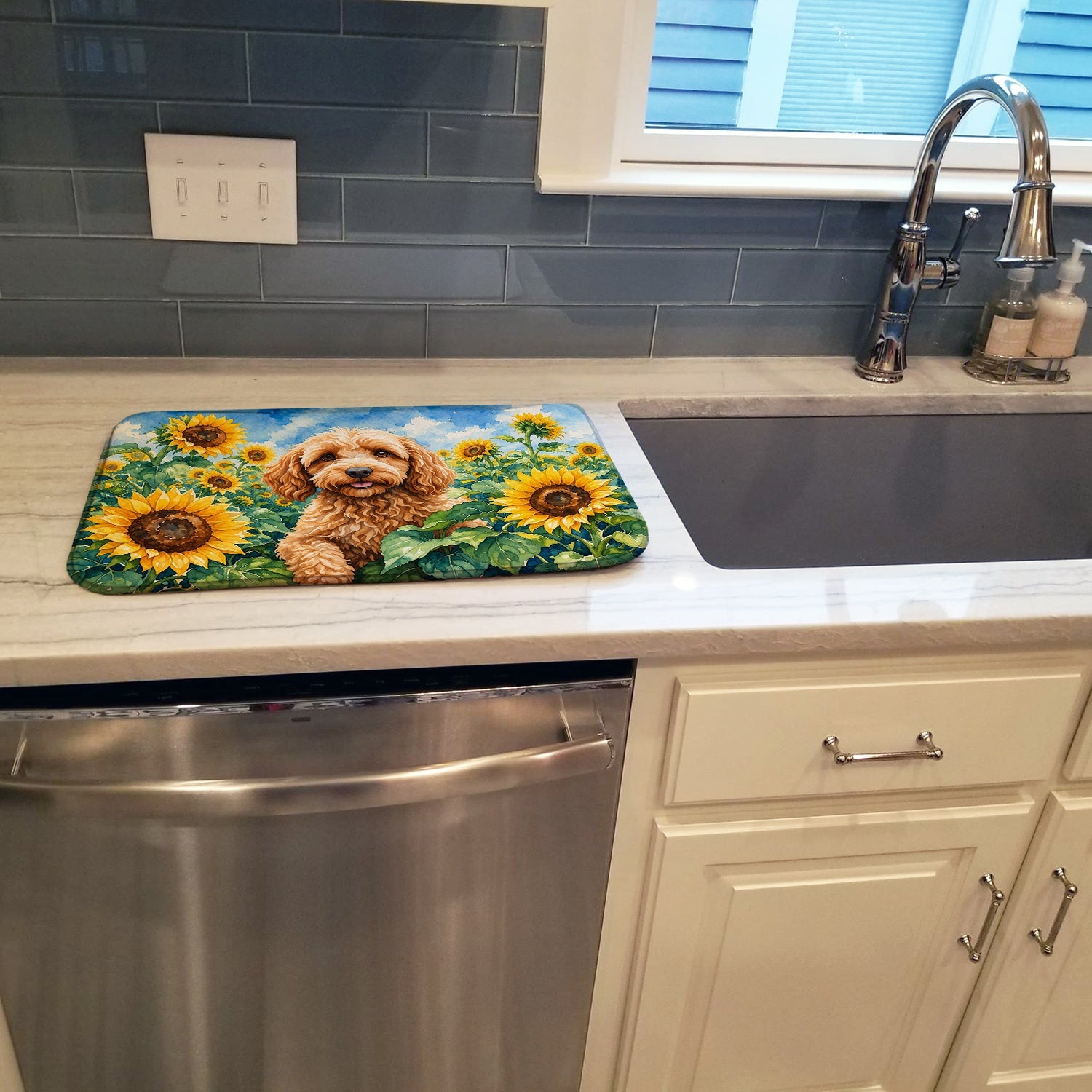 Cockapoo in Sunflowers Dish Drying Mat Absorbent Dish Drying Mat Pad for Kitchen Counter Dish Drainer Mat for Countertop, 14 x 21", Multicolor