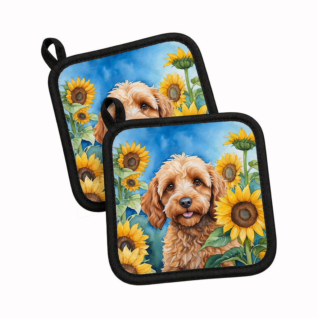 Cockapoo in Sunflowers Pot Holder Set of 2 Heat Resistant Quilted Hot Pads 7.5 x 7.5 Inch, Insulated Kitchen Trivets for Cooking & Baking