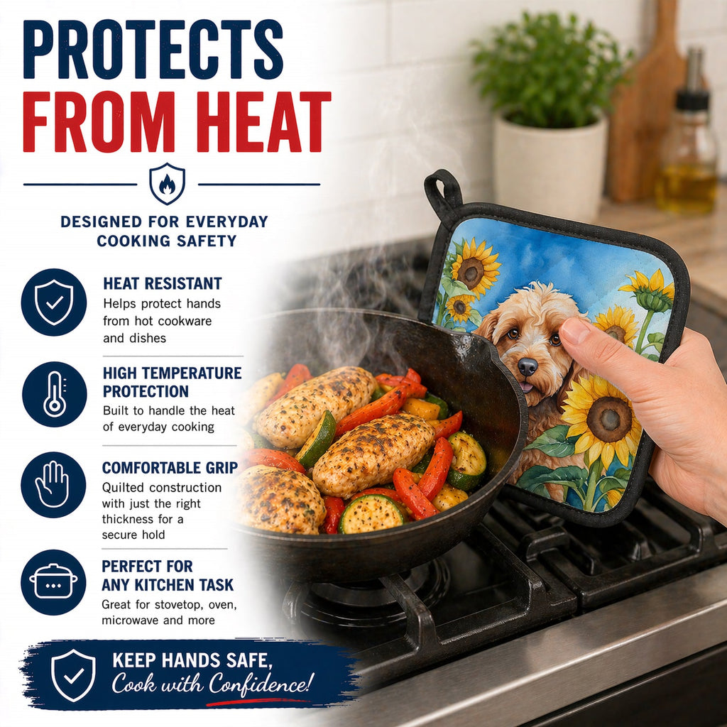 Cockapoo in Sunflowers Pot Holder Set of 2 Heat Resistant Quilted Hot Pads 7.5 x 7.5 Inch, Insulated Kitchen Trivets for Cooking & Baking