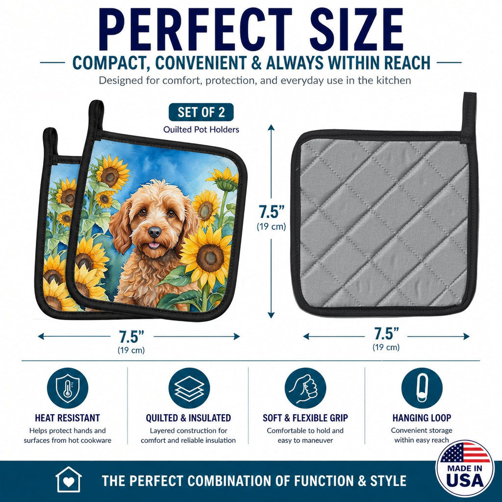 Cockapoo in Sunflowers Pot Holder Set of 2 Heat Resistant Quilted Hot Pads 7.5 x 7.5 Inch, Insulated Kitchen Trivets for Cooking & Baking