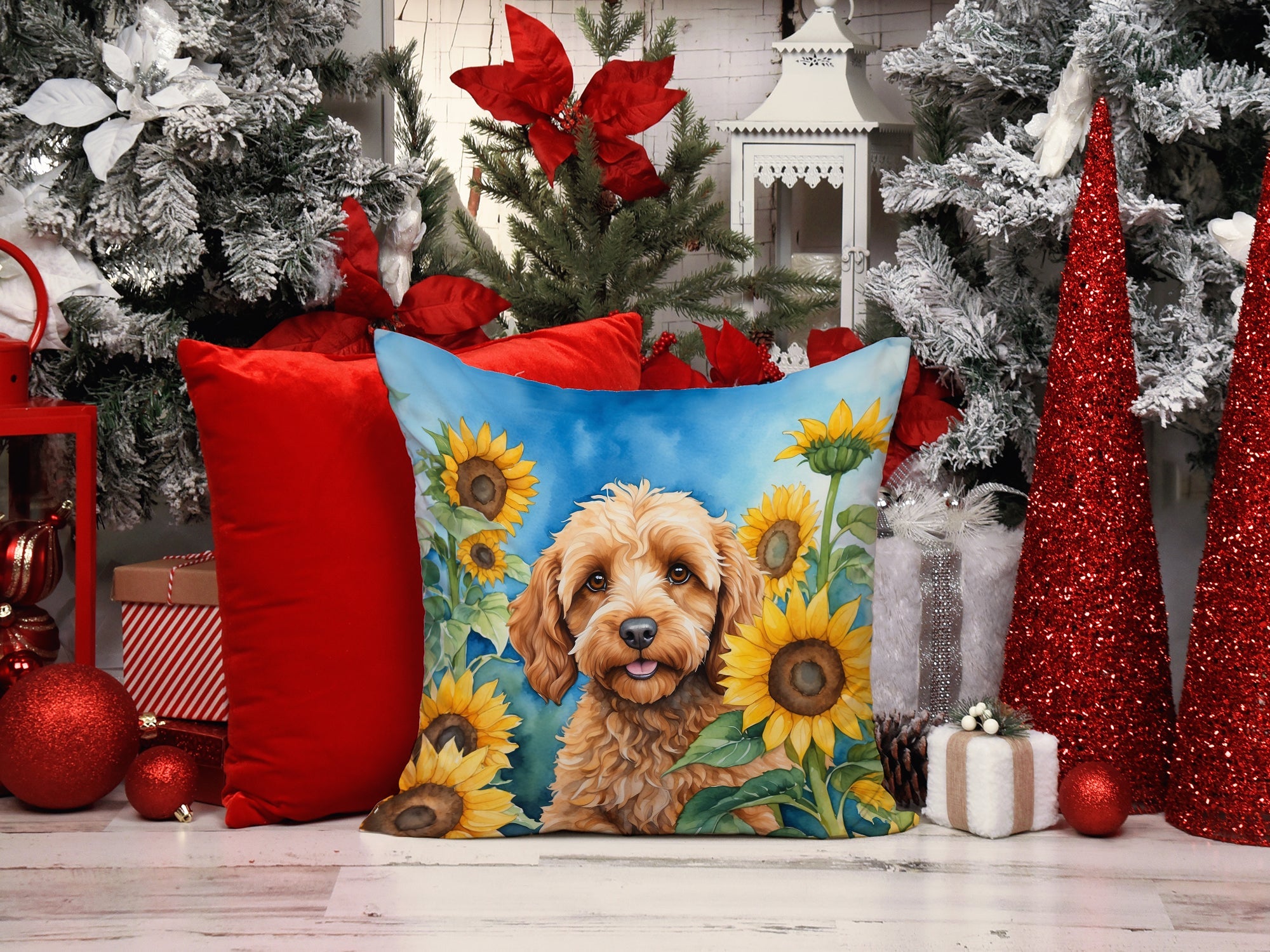 Cockapoo in Sunflowers Decorative Throw Pillow 14x14 Indoor Outdoor Accent Cushion, Fabric Cover with Insert for Sofa, Bed, Porch & Living Room