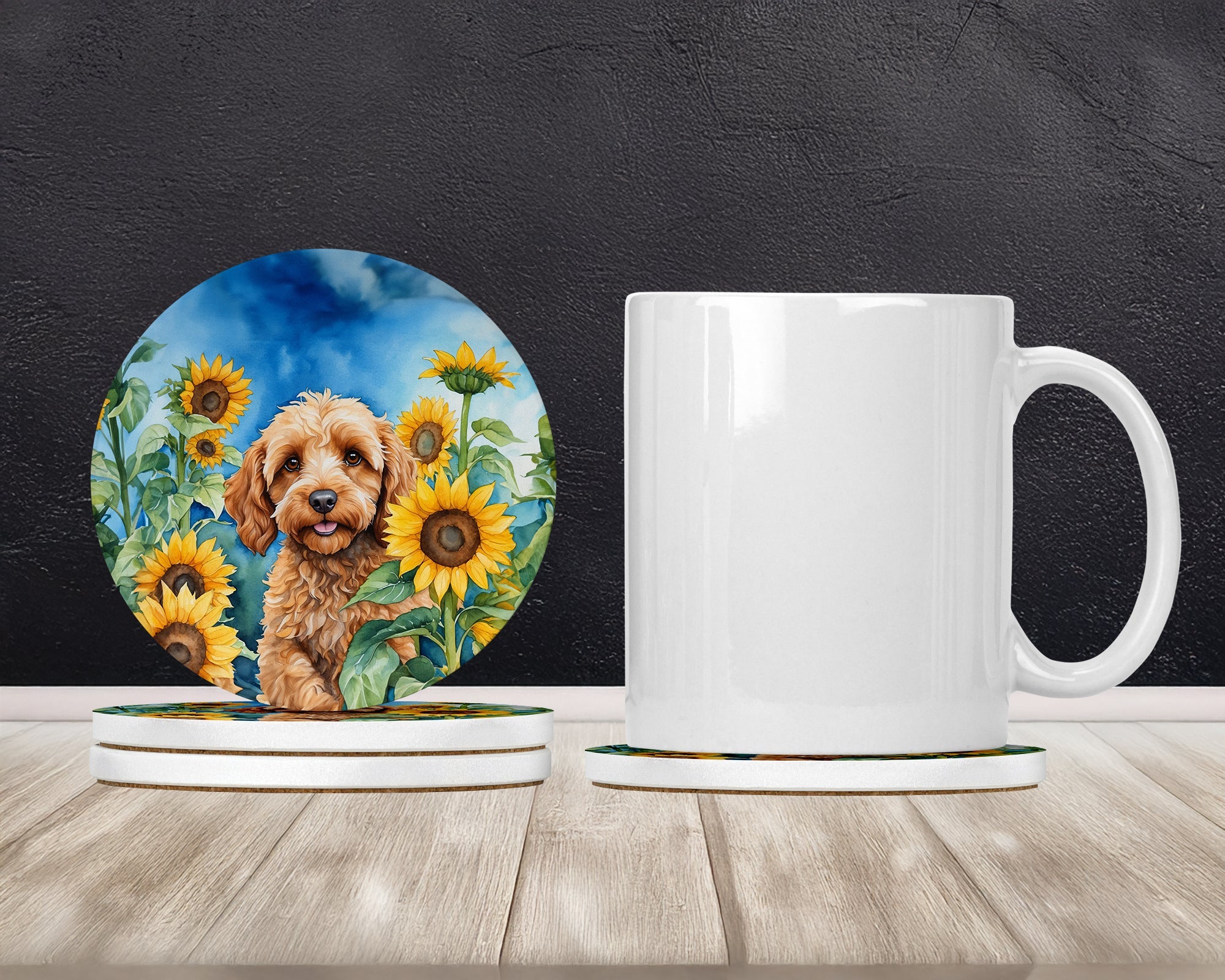 Cockapoo in Sunflowers Large Sandstone Coasters Pack of 4 Absorbent Round Coasters Decor Gifts for Men or Women, 4 in, Multicolor