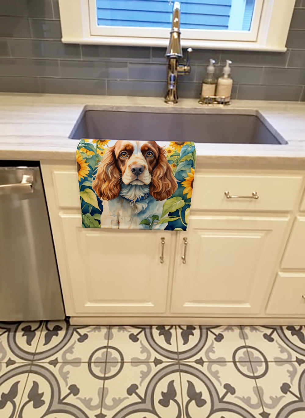 Cocker Spaniel in Sunflowers Kitchen Towel Velour Plush Front and Cotton Loop Back Machine Washable