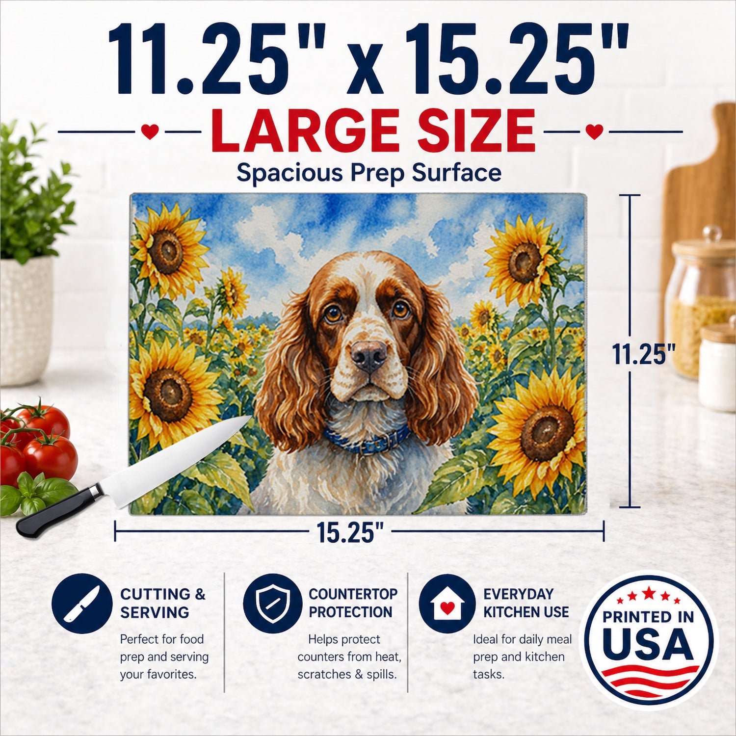 Cocker Spaniel in Sunflowers Cutting Board Tempered Glass Kitchen Cutting Surface, Heat Resistant Chopping Board with Non-Slip Feet, Decorative Food Prep & Serving
