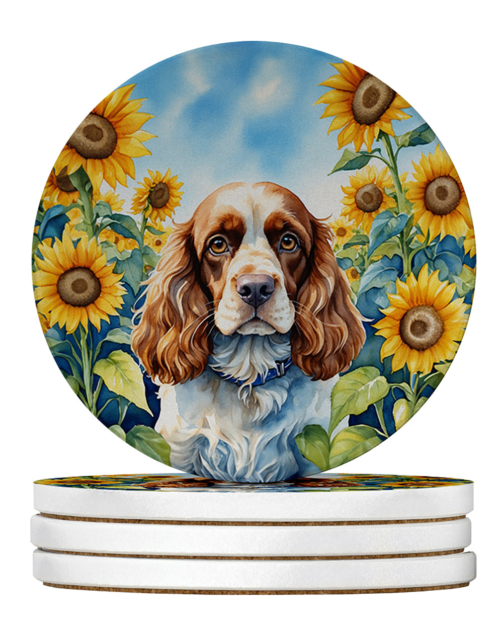 Cocker Spaniel in Sunflowers Large Sandstone Coasters Pack of 4 Absorbent Round Coasters Decor Gifts for Men or Women, 4 in, Multicolor