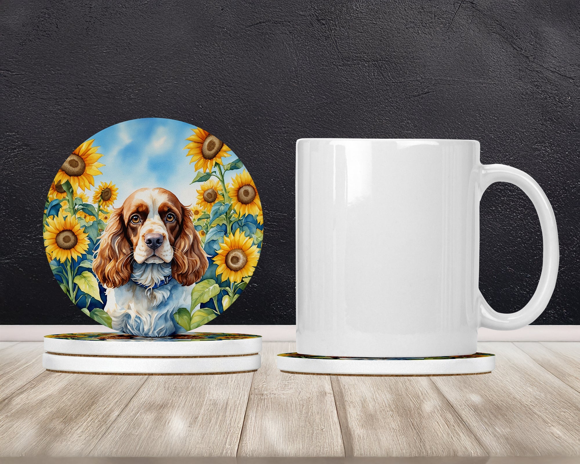 Cocker Spaniel in Sunflowers Large Sandstone Coasters Pack of 4 Absorbent Round Coasters Decor Gifts for Men or Women, 4 in, Multicolor