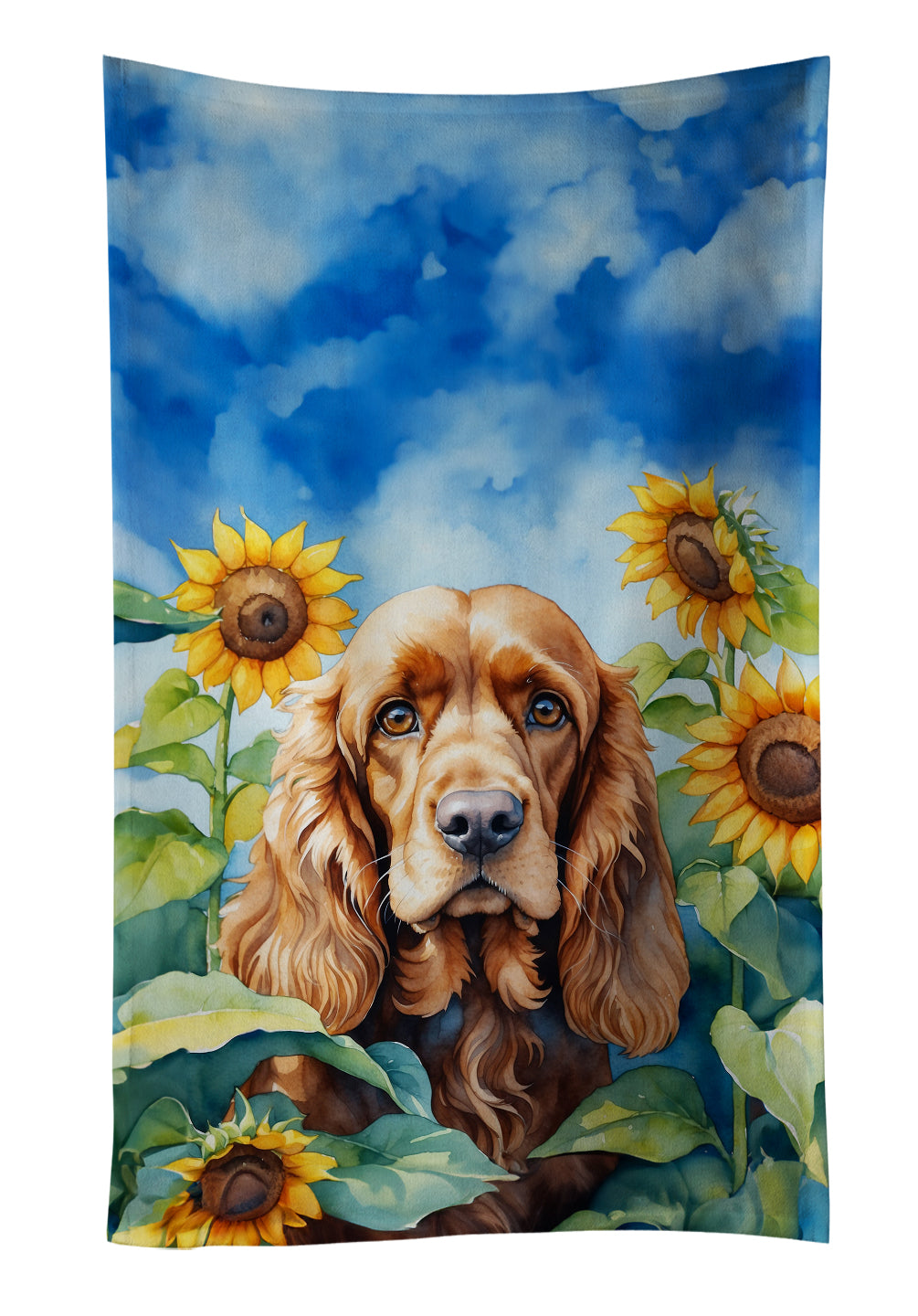 Cocker Spaniel in Sunflowers Kitchen Towel Velour Plush Front and Cotton Loop Back Machine Washable