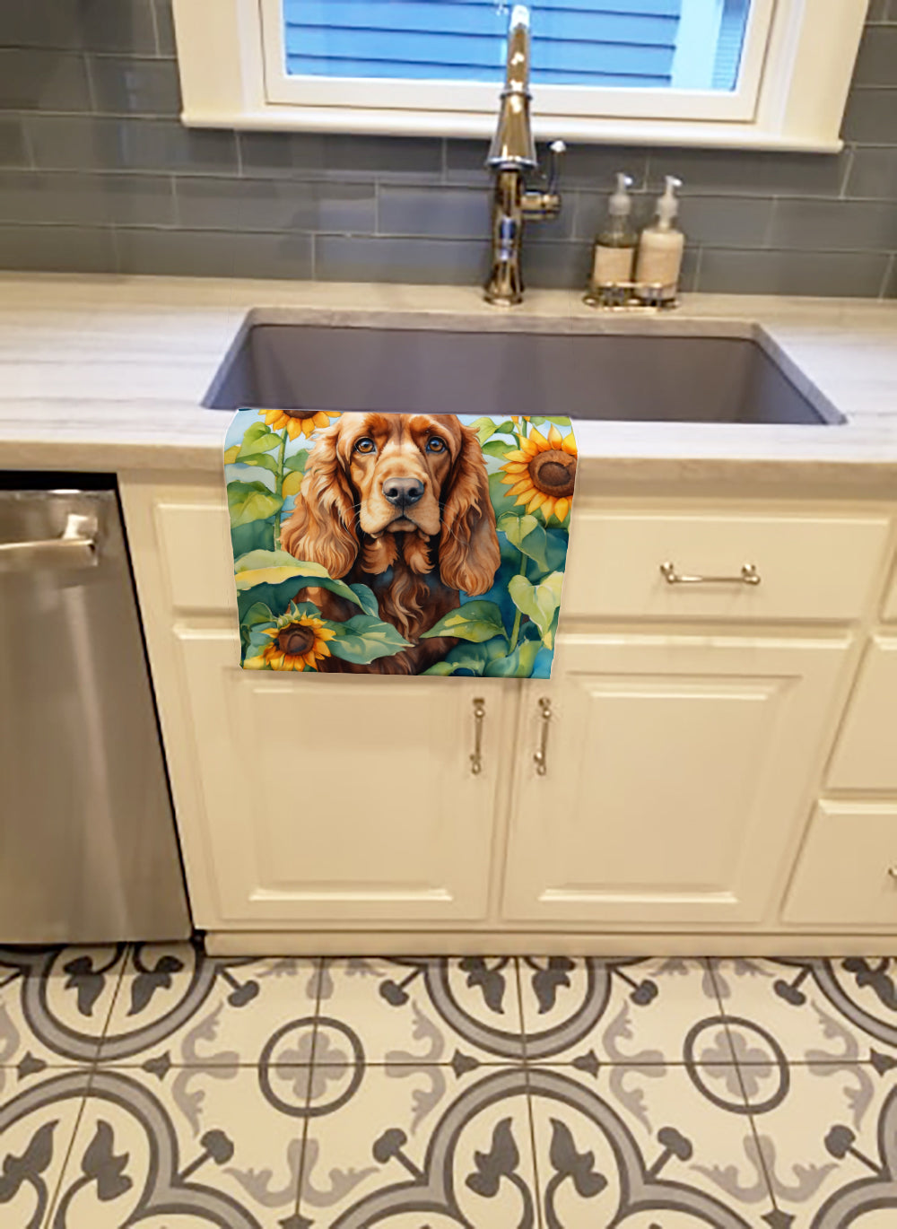 Cocker Spaniel in Sunflowers Kitchen Towel Velour Plush Front and Cotton Loop Back Machine Washable