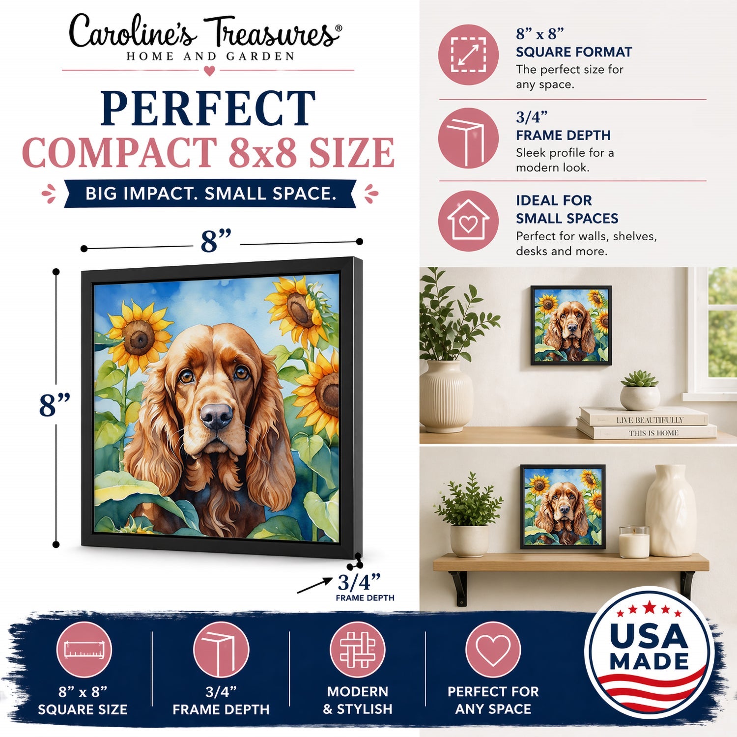 Cocker Spaniel in Sunflowers Framed Metal Print Bathroom, Kitchen, Office, Home Decor Wall Art Ready to Hang, Square, 8X8
