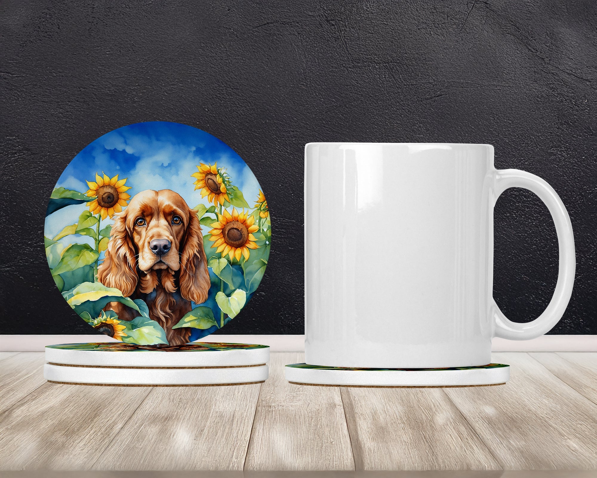 Cocker Spaniel in Sunflowers Large Sandstone Coasters Pack of 4 Absorbent Round Coasters Decor Gifts for Men or Women, 4 in, Multicolor