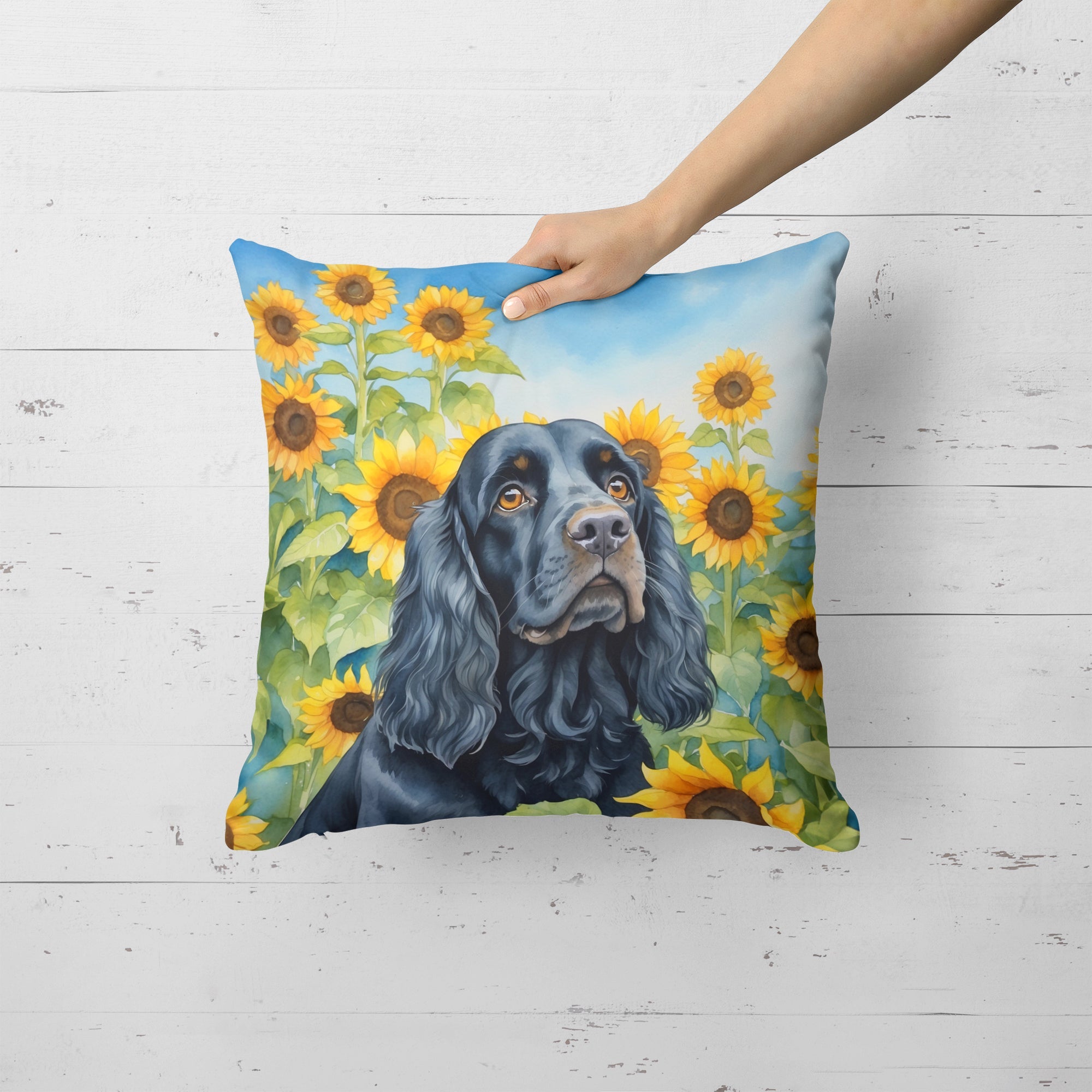 Cocker Spaniel in Sunflowers Decorative Throw Pillow 18x18 Indoor Outdoor Accent Cushion, Fabric Cover with Insert for Sofa, Bed, Porch & Living Room