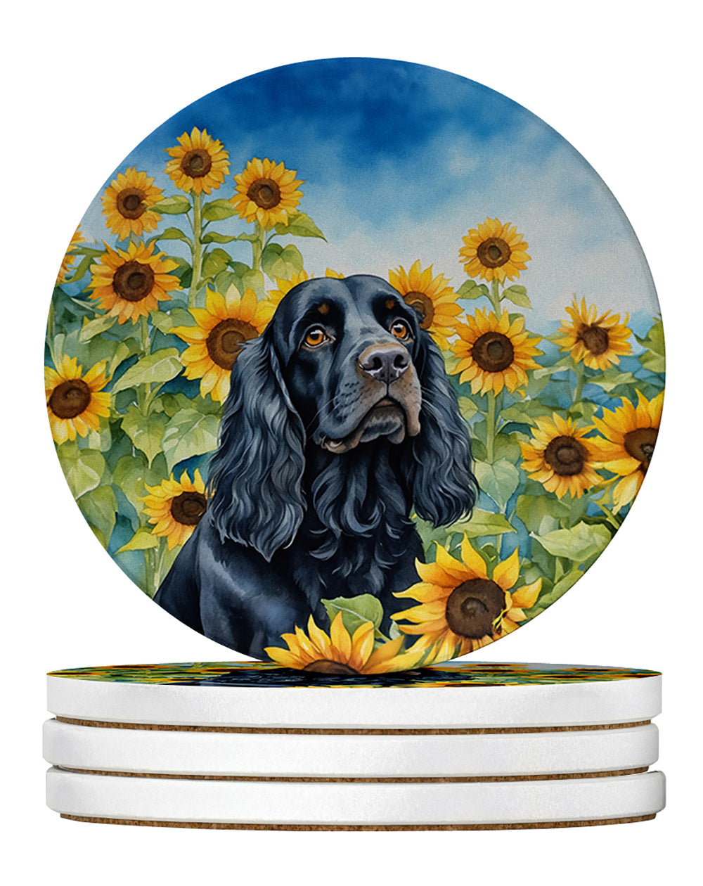 Cocker Spaniel in Sunflowers Large Sandstone Coasters Pack of 4 Absorbent Round Coasters Decor Gifts for Men or Women, 4 in, Multicolor