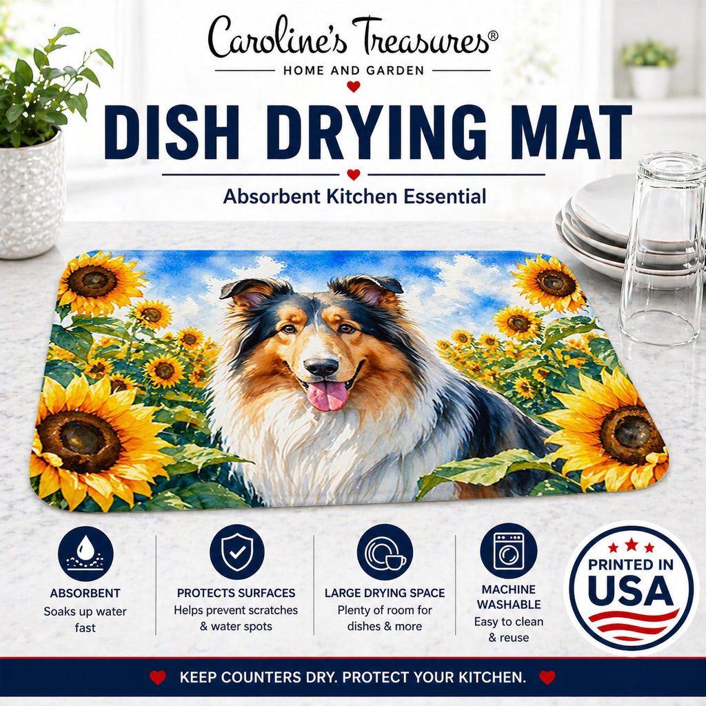 Collie in Sunflowers Dish Drying Mat Absorbent Dish Drying Mat Pad for Kitchen Counter Dish Drainer Mat for Countertop, 14 x 21", Multicolor