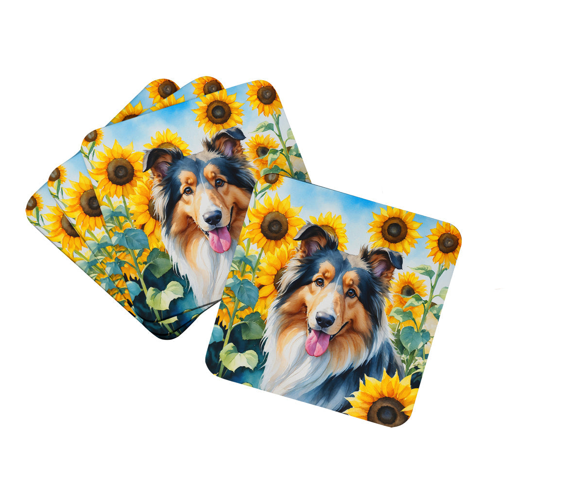 Collie in Sunflowers Foam Coasters Set of 4 Cup Coasters for Indoor Outdoor, Tabletop Protection, Anti Slip, Mouse pad Material