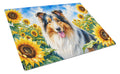 Collie in Sunflowers Cutting Board Tempered Glass Kitchen Cutting Surface, Heat Resistant Chopping Board with Non-Slip Feet, Decorative Food Prep & Serving