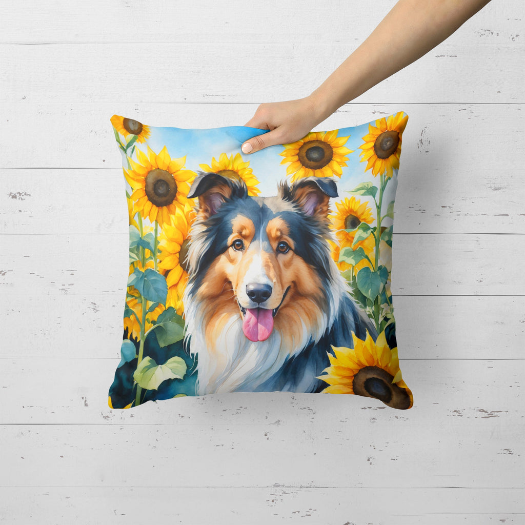 Collie in Sunflowers Decorative Throw Pillow 18x18 Indoor Outdoor Accent Cushion, Fabric Cover with Insert for Sofa, Bed, Porch & Living Room