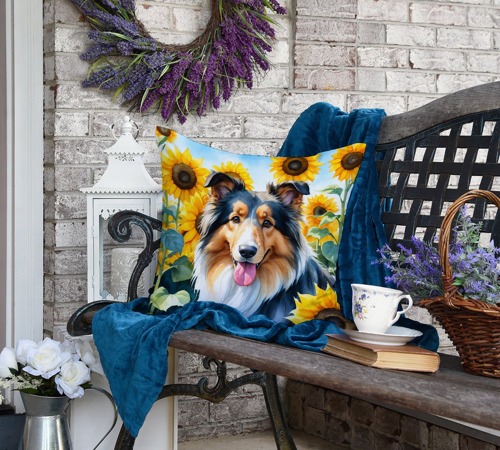 Collie in Sunflowers Decorative Throw Pillow 18x18 Indoor Outdoor Accent Cushion, Fabric Cover with Insert for Sofa, Bed, Porch & Living Room