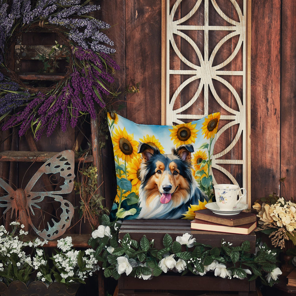 Collie in Sunflowers Decorative Throw Pillow 18x18 Indoor Outdoor Accent Cushion, Fabric Cover with Insert for Sofa, Bed, Porch & Living Room
