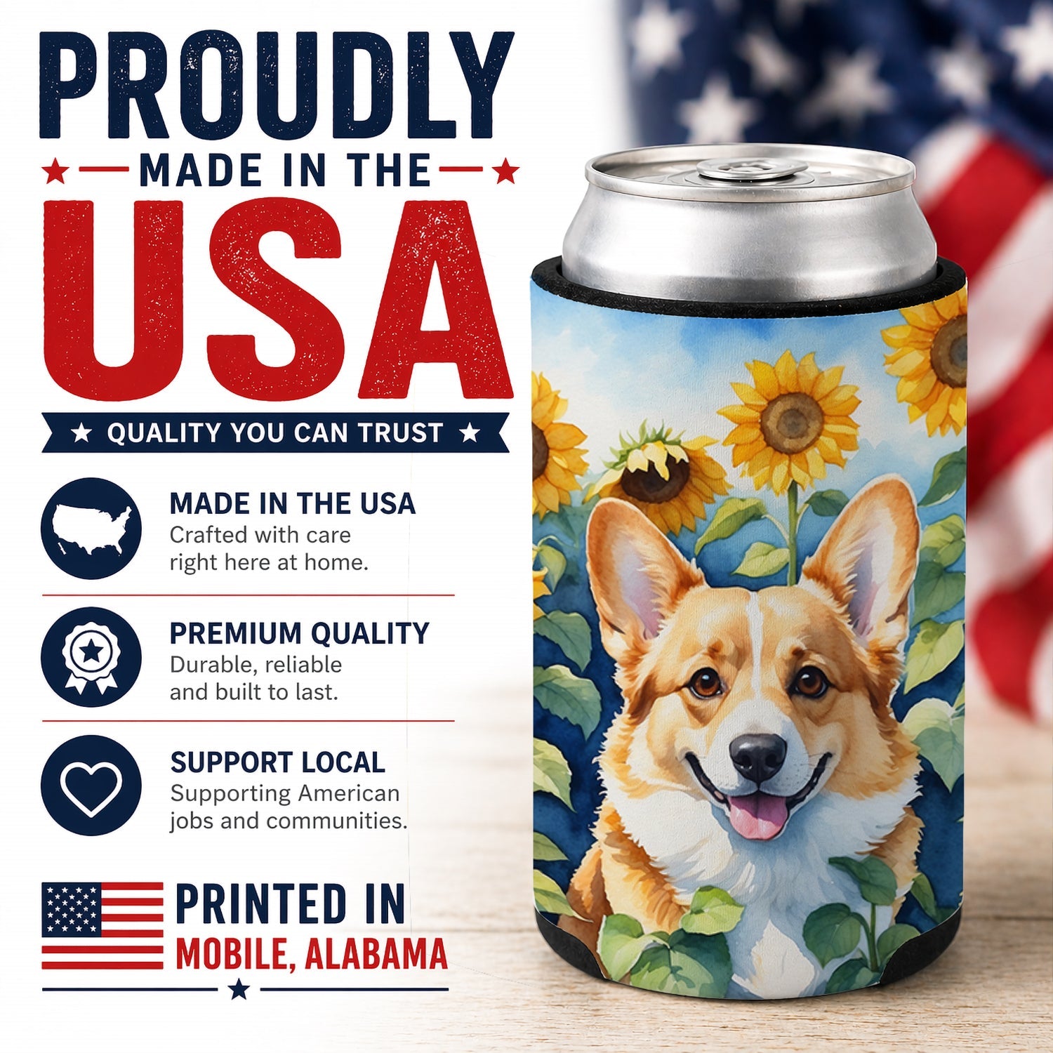 Corgi in Sunflowers Can or Bottle Hugger Cooler Sleeve for Standard 12 oz Cans, Insulated Foam Beer & Soda Can Hugger Reusable