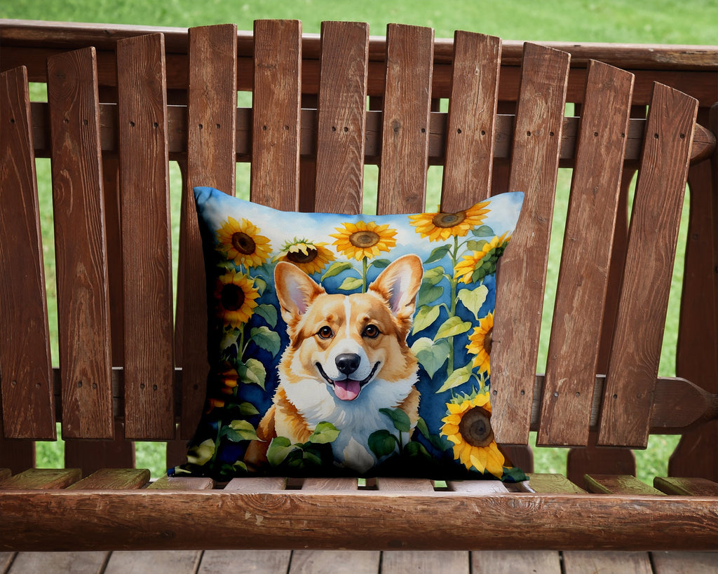Corgi in Sunflowers Decorative Throw Pillow 14x14 Indoor Outdoor Accent Cushion, Fabric Cover with Insert for Sofa, Bed, Porch & Living Room