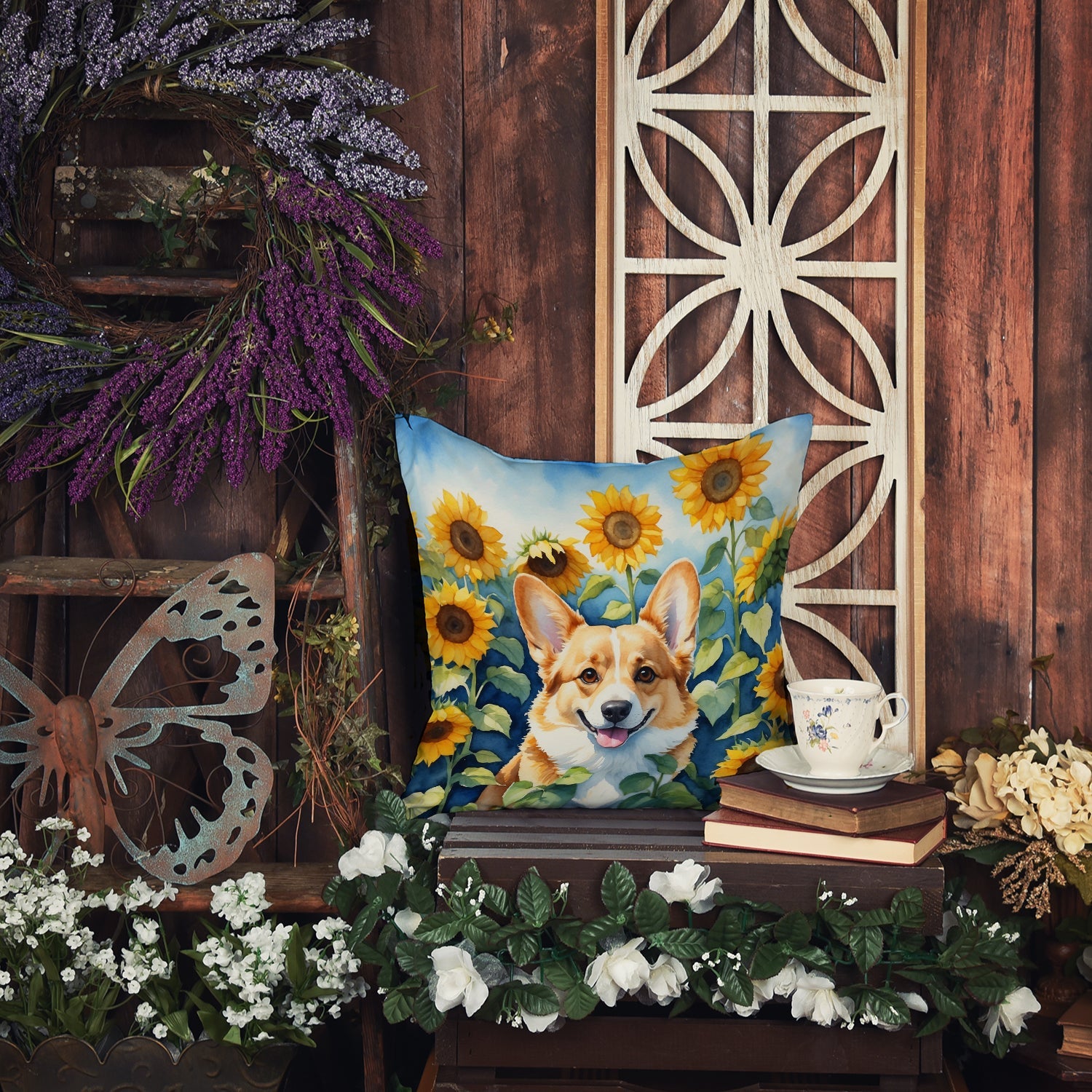 Corgi in Sunflowers Decorative Throw Pillow 14x14 Indoor Outdoor Accent Cushion, Fabric Cover with Insert for Sofa, Bed, Porch & Living Room
