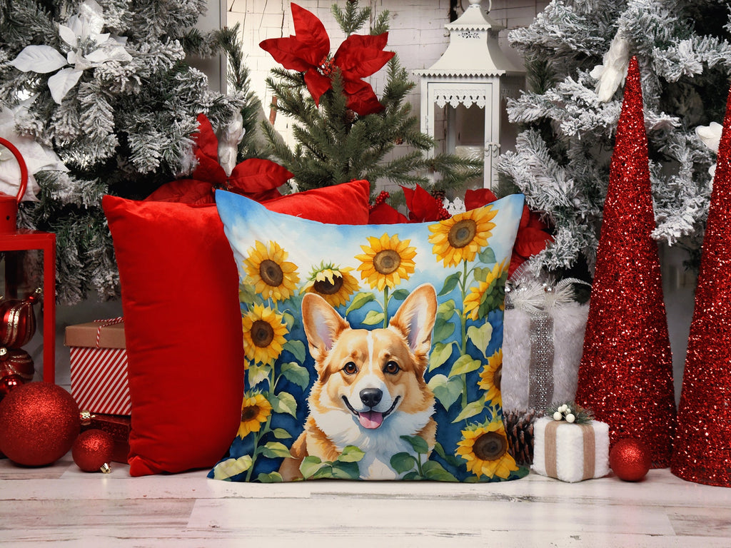 Corgi in Sunflowers Decorative Throw Pillow 14x14 Indoor Outdoor Accent Cushion, Fabric Cover with Insert for Sofa, Bed, Porch & Living Room