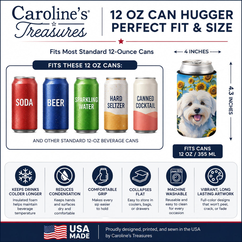 Coton de Tulear in Sunflowers Can or Bottle Hugger Cooler Sleeve for Standard 12 oz Cans, Insulated Foam Beer & Soda Can Hugger Reusable